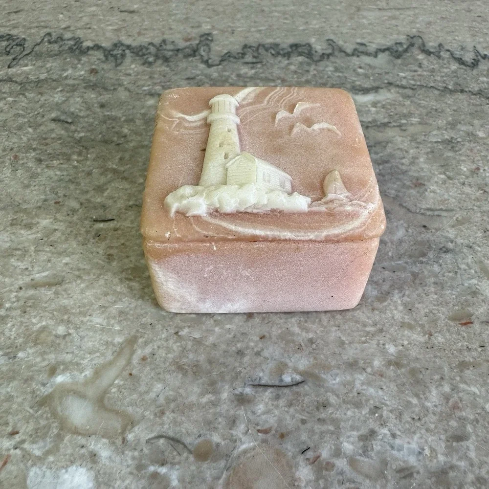 VTG Incolay Stone Jewelry Trinket Box W/ Lighthouse And Sailboat Pink Soapstone